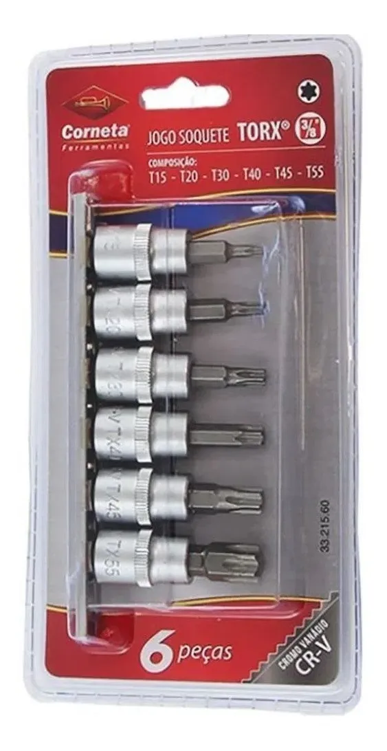 Jogo de Soquete Torx 3/8 T15 a T55 6 Peças CORNETA
