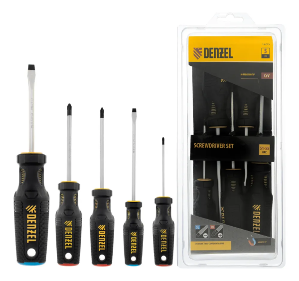 JOGO DE CHAVES FENDA/PHILLIPS, PH + SL, CRV, CABO DE 3 COMPONENTES, 5 PCS// DENZEL